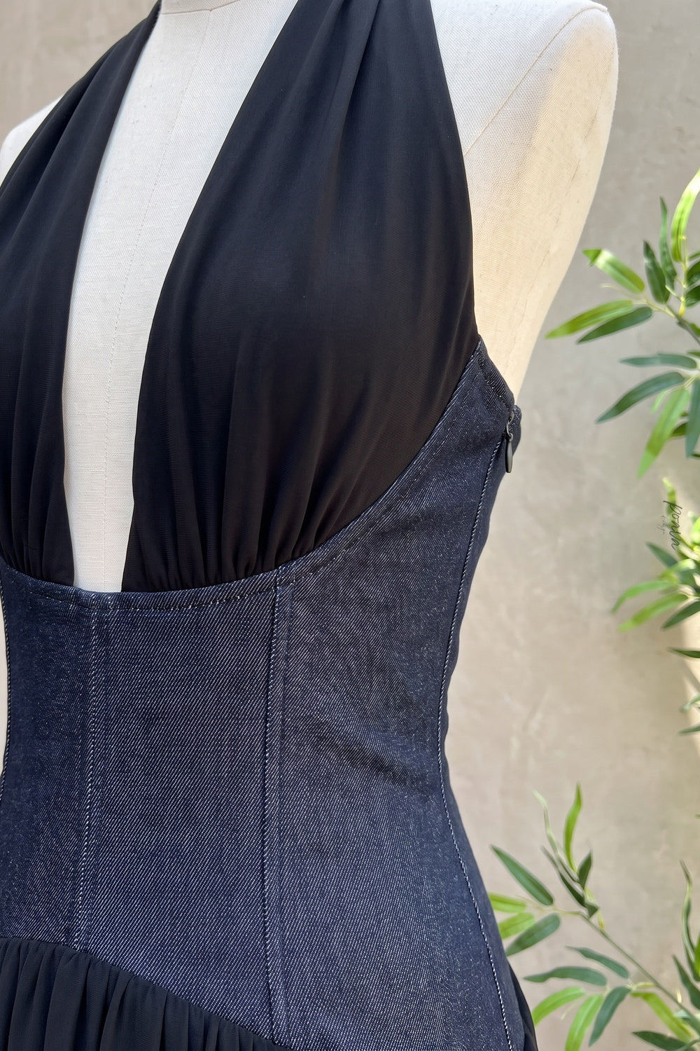 Black Two-Tone Halter Gown with Structured Corset Waist and High Slit black lightweight jersey or crepe gown - product view 7