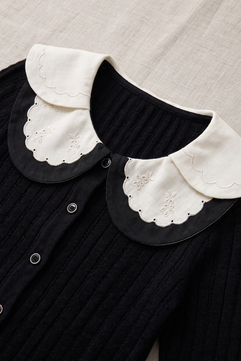 Black Peplum Cardigan with White Scalloped Collar Black Fine knit blend Cardigan - product view 7