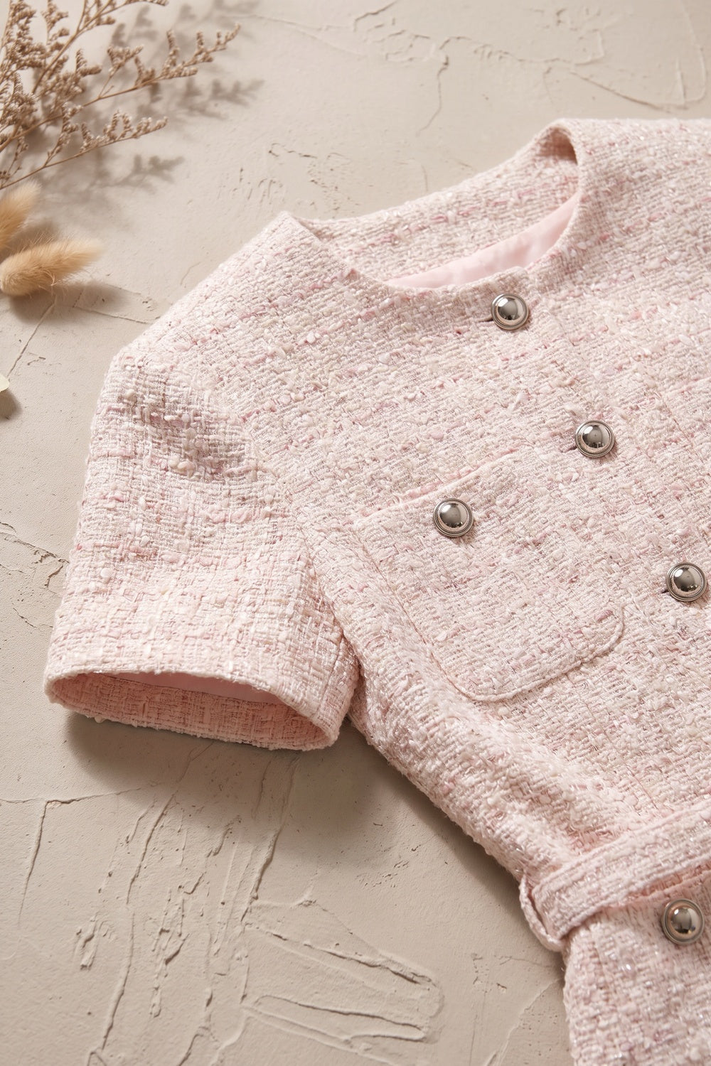 Pale Pink Tweed Fitted Bodice with Peplum and A-Line Skirt Two-Piece Set pale pink, cream tweed two-piece set - product view 7
