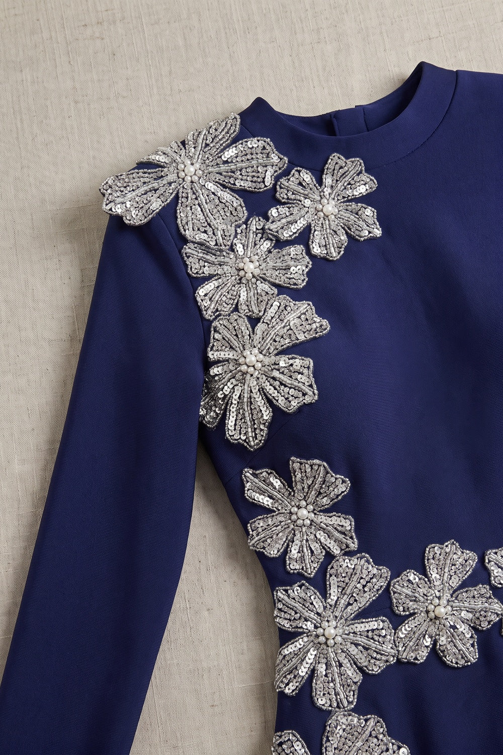 Navy Blue Heavy Crepe Column Evening Gown with Silver Floral Appliqué navy blue heavy crepe evening gown - product view 7