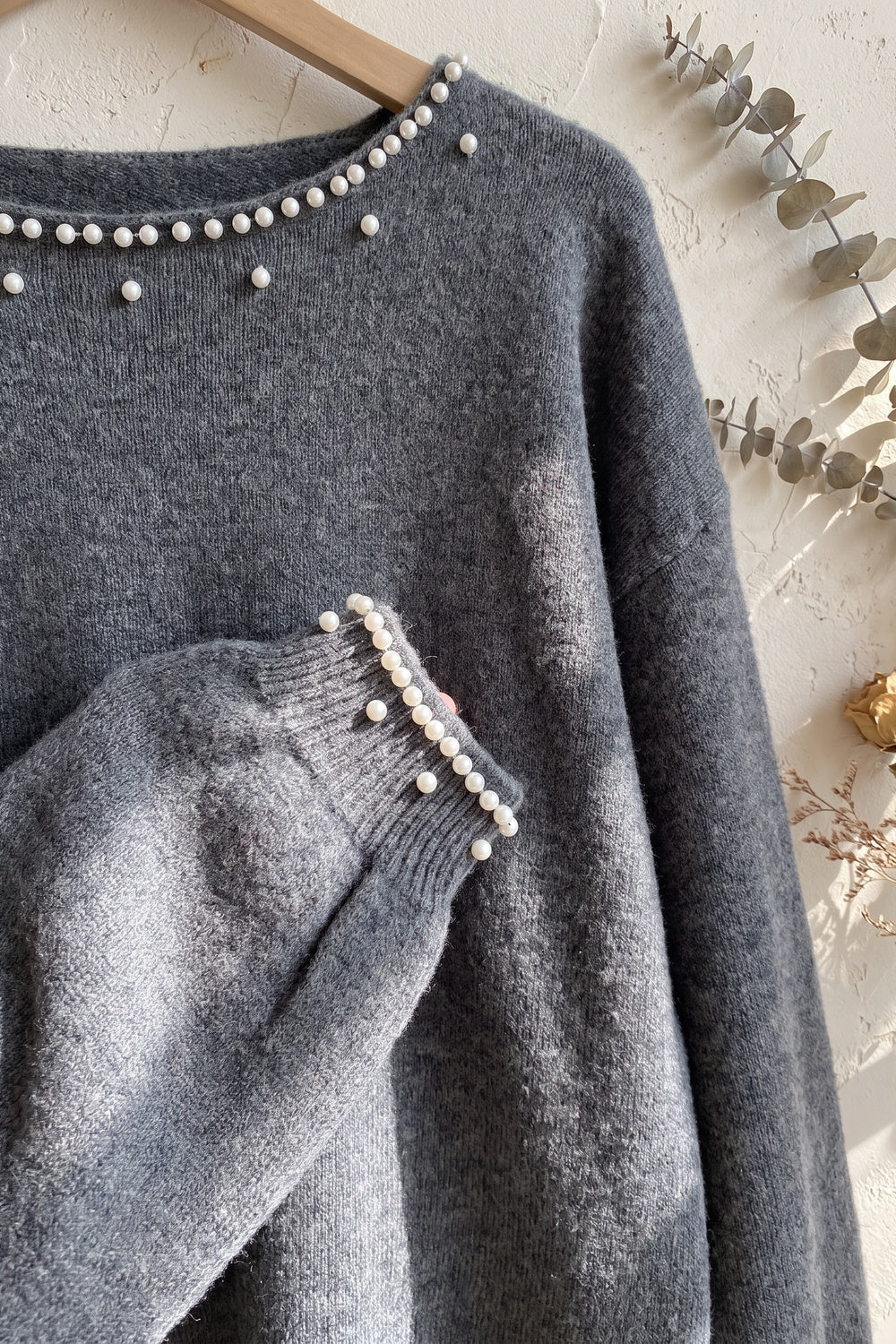 Charcoal Grey Fine-Knit Sweater with Pearl Bead Trim charcoal grey fine knit sweater - product view 7