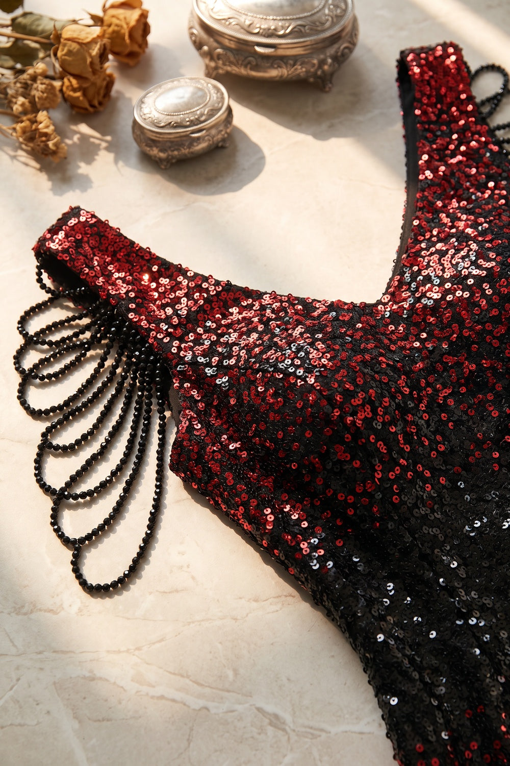Red and Black Gradient Sequined Mermaid Evening Gown red, black sequined mesh evening gown - product view 7