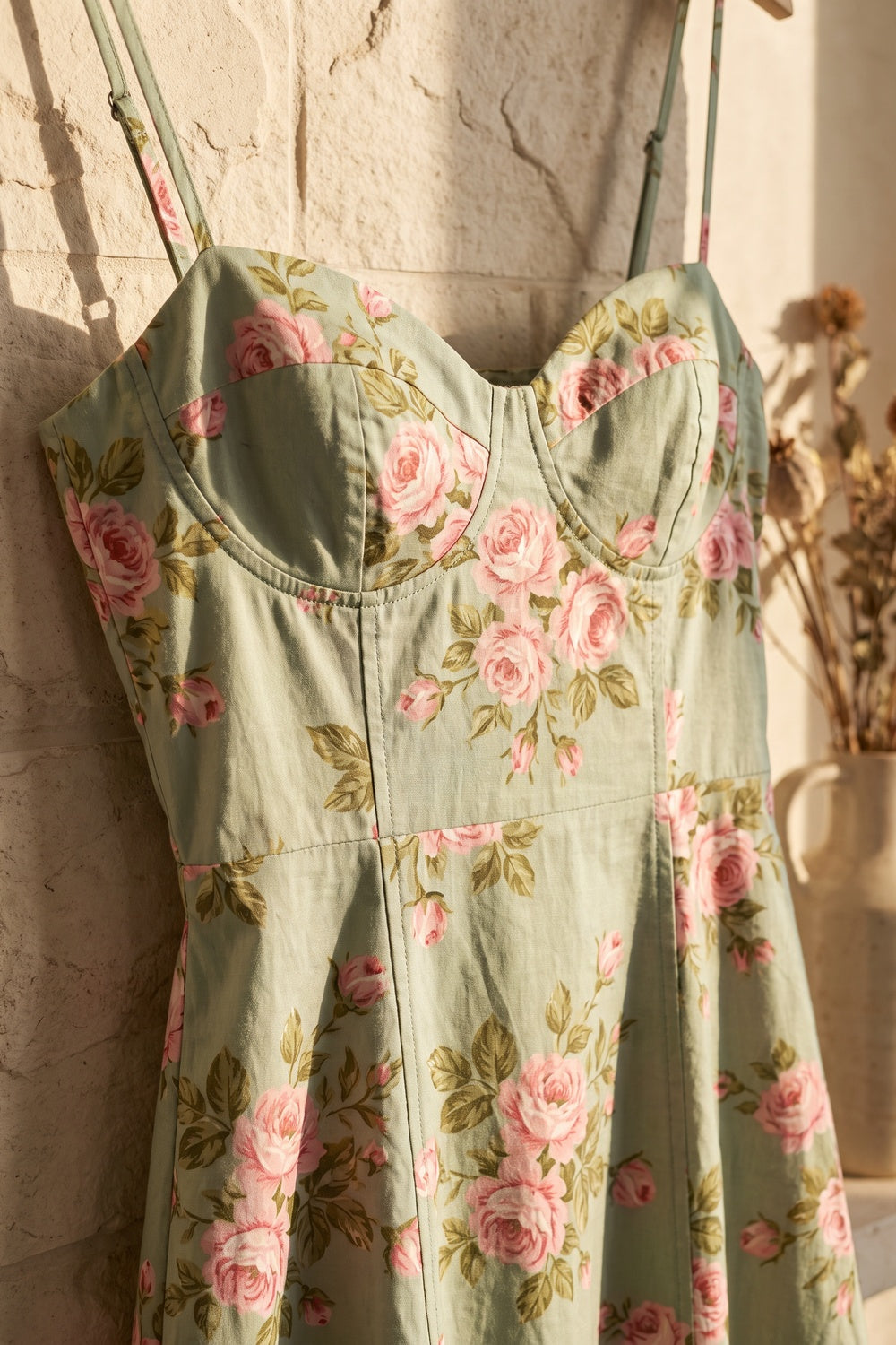 Pale Sage Green Structured Woven Cotton or Jacquard Fit-and-Flare Dress pale sage green structured woven cotton or jacquard dress - product view 7