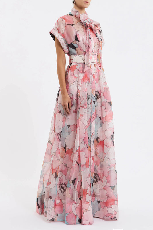 floral print silk organza maxi dress in pink-multi