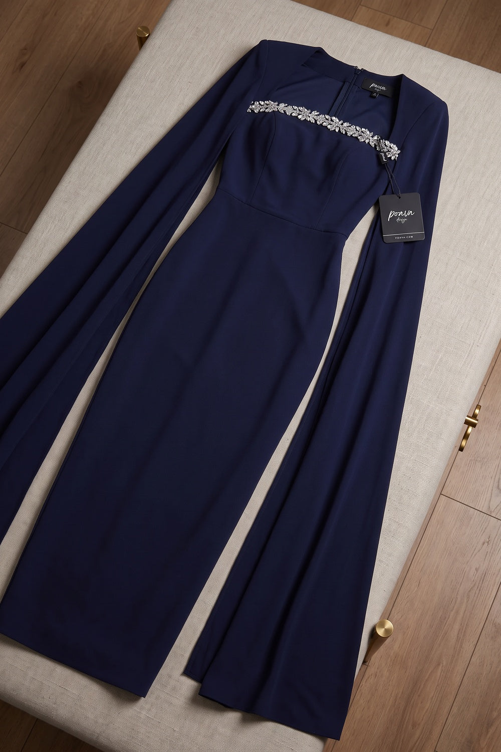 Navy Beaded Cape Sleeve Mermaid Evening Gown