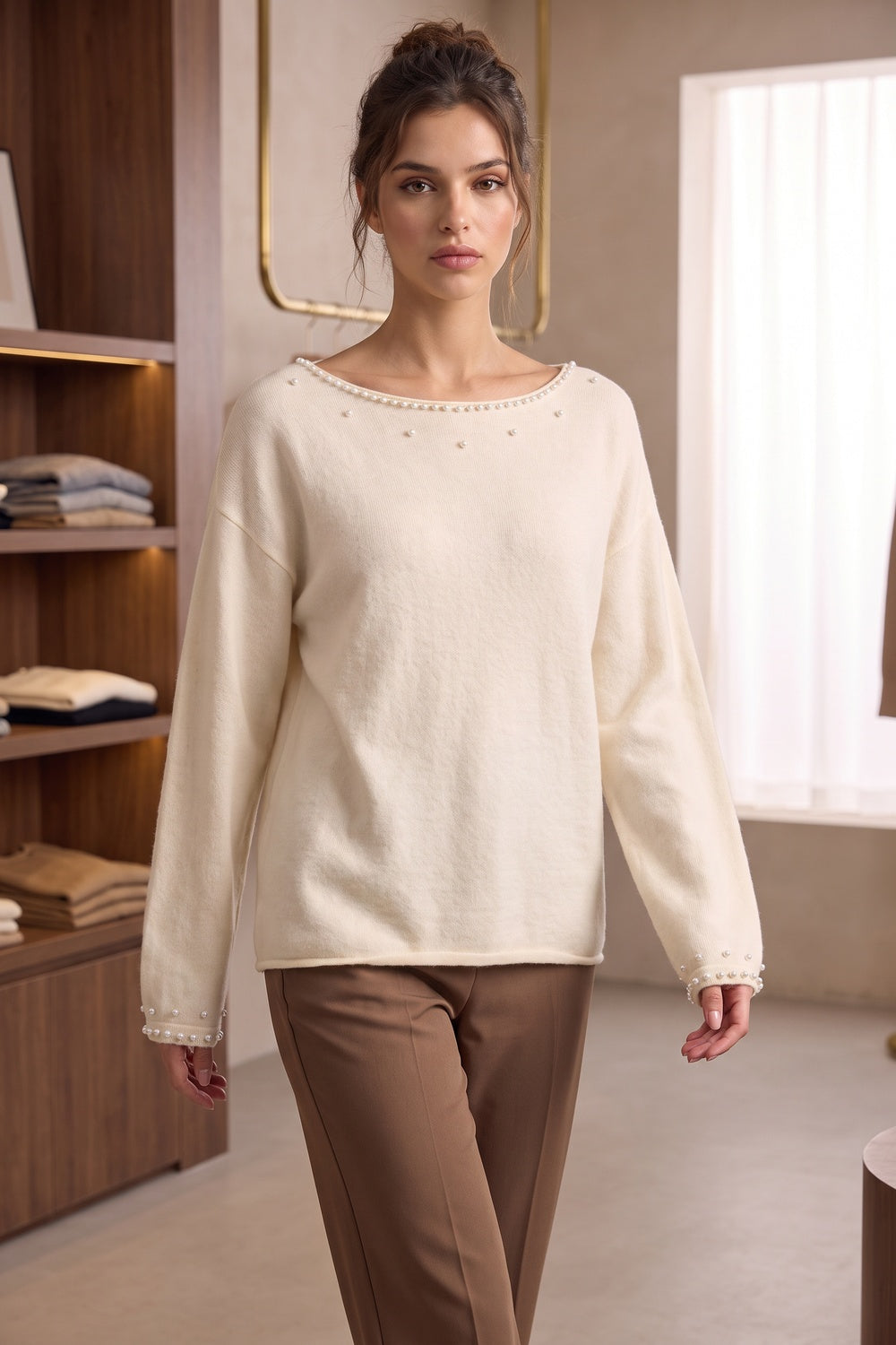 Relaxed Cream Knit Sweater with Pearl Bead Embellishments cream, off-white fine-gauge knit sweater - product view 8