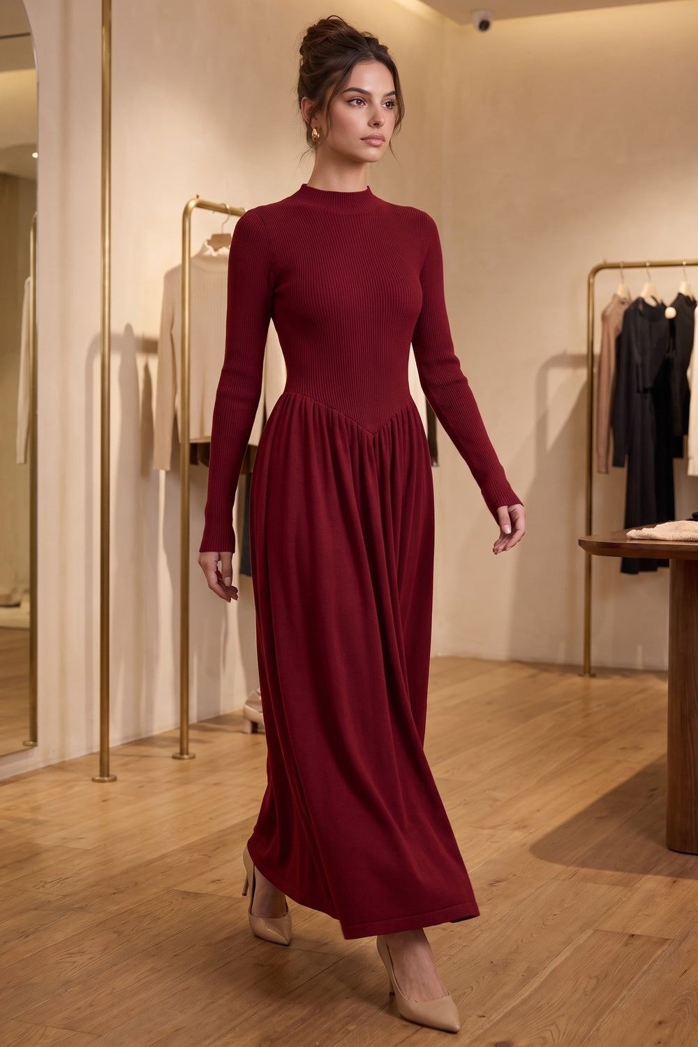 Dark Red Ribbed Knit A-Line Maxi Dress dark red ribbed knit maxi dress - product view 8