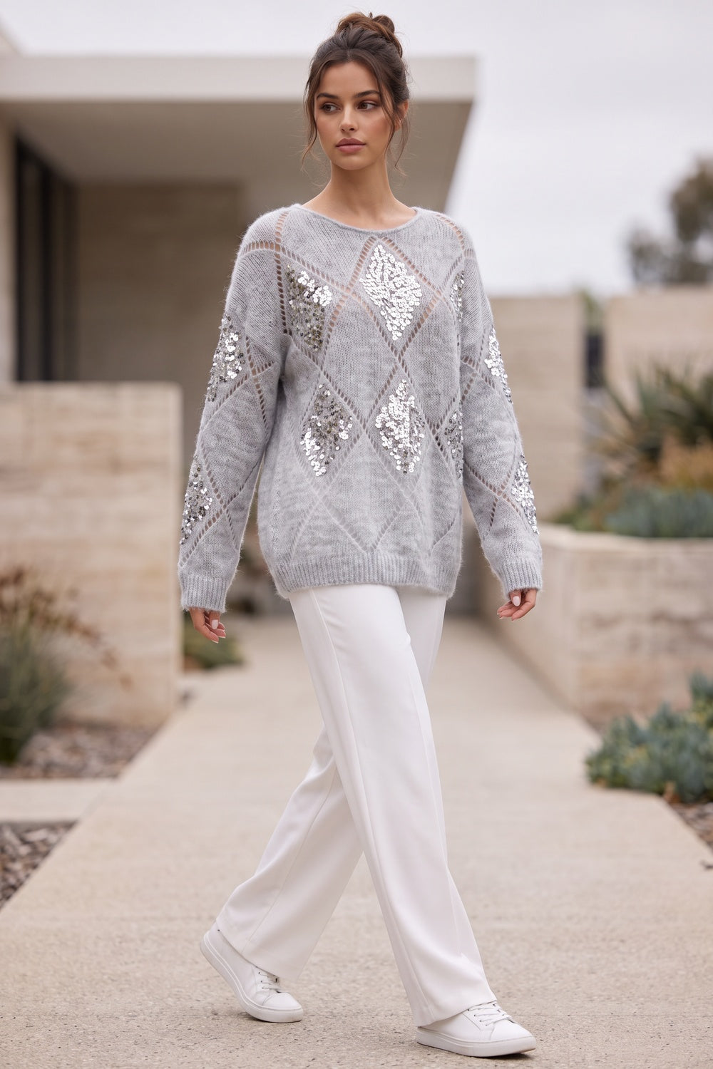 Light Grey Sequin Diamond Oversized Mohair-Blend Sweater light grey fuzzy mohair-blend knit sweater - product view 8
