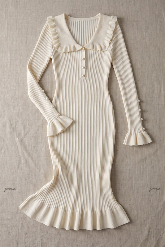 Cream Ribbed Knit Fitted Sheath Midi Dress with Ruffle Trim cream, off-white ribbed knit midi dress - product view 2
