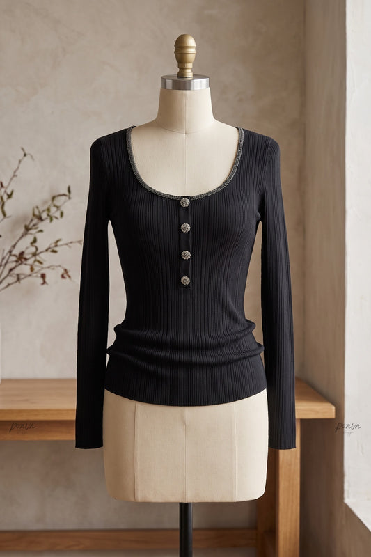 Black Ribbed Knit Fitted Top with Metallic Detail black ribbed knit knit top - product view 2