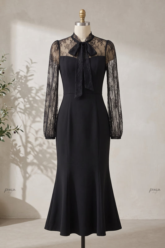 Black Crepe Mermaid Dress with Sheer Floral Lace Sleeves black crepe dress - product view 2