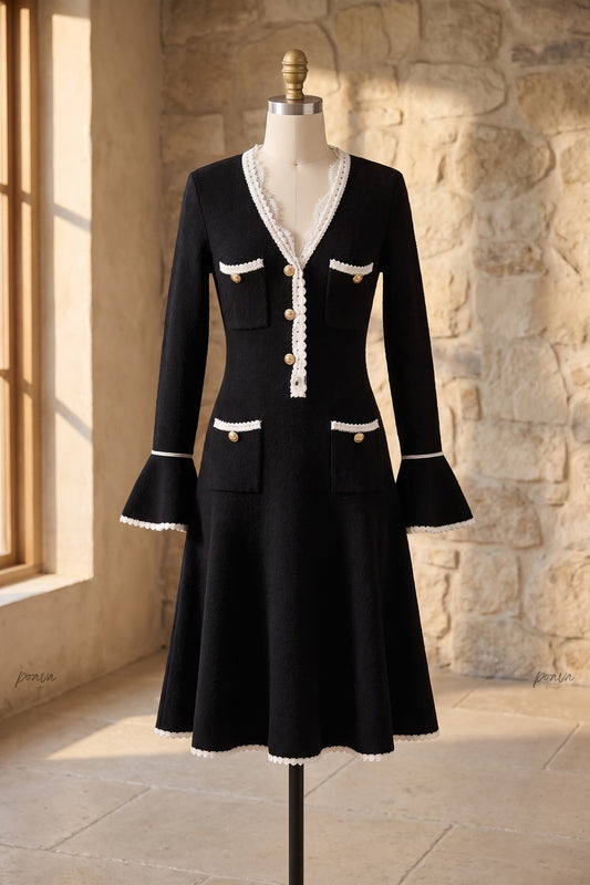 Black Heavy Compact Knit Fit-and-Flare Dress with White Scalloped Trim black heavy compact knit dress - product view 2