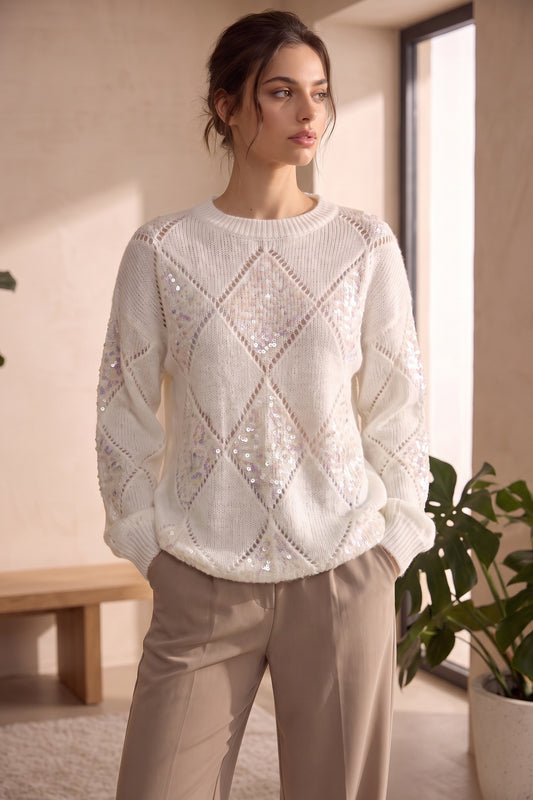 White Textured Knit Relaxed Sweater with Diamond Sequin Panels white textured knit sweater - product view 9