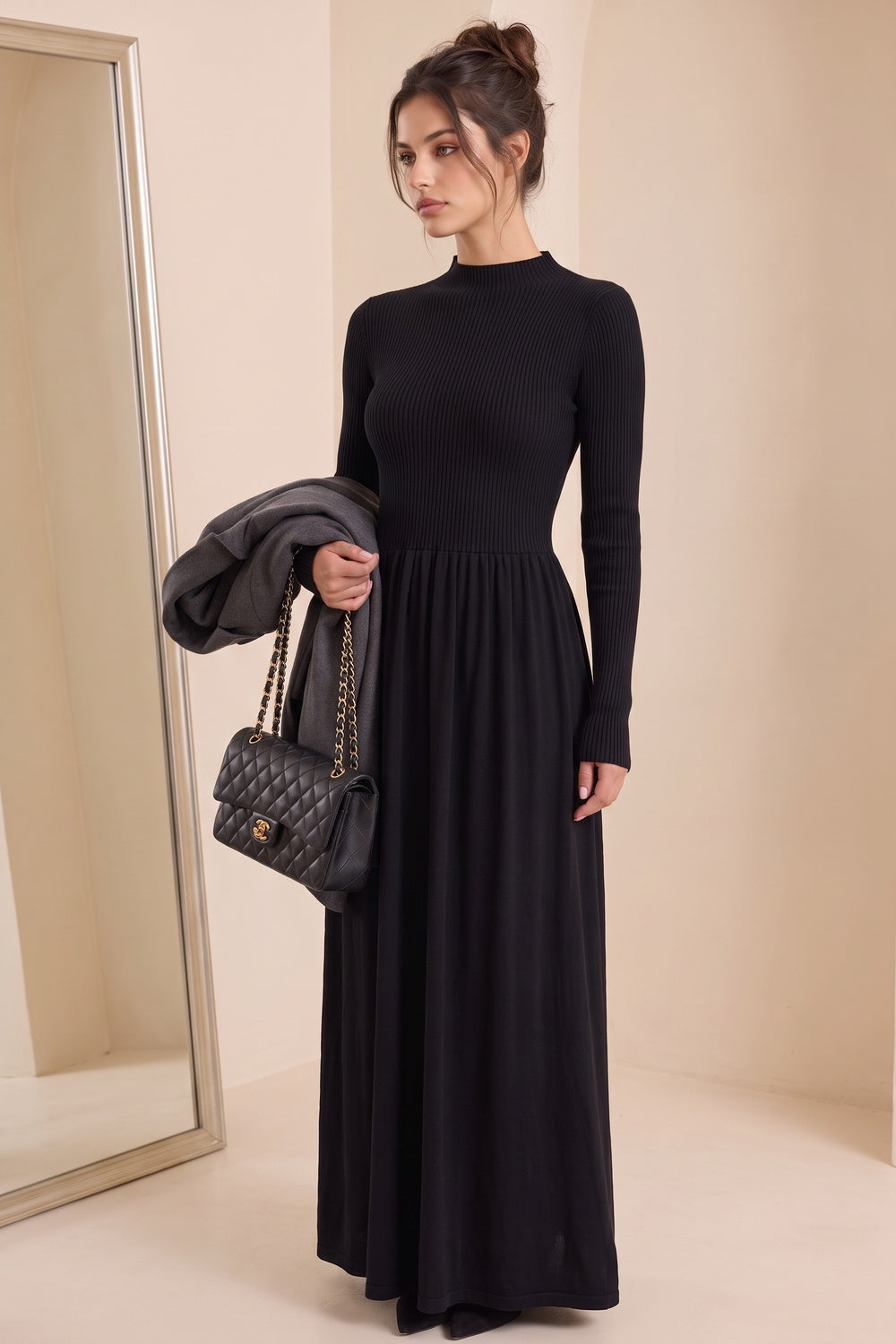 Black Ribbed Knit Mock Neck Maxi Dress black fine ribbed knit dress - product view 9