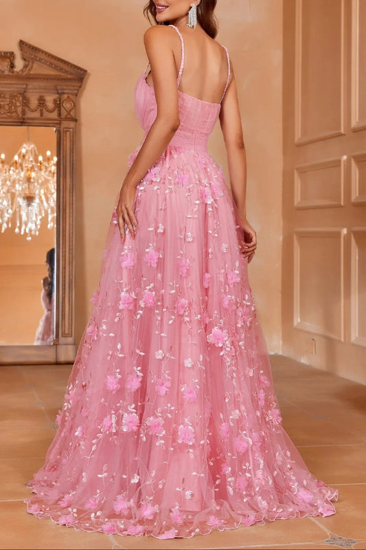 Elegant Plunging Neck Floral Applique Mesh Cami Party Dress
