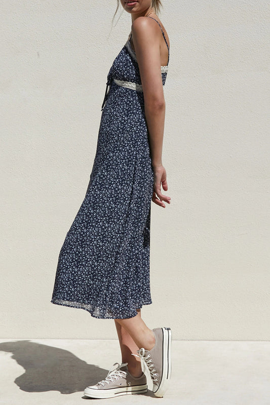 v-neckline Floral Lace Trim Midi Dress in Navy
