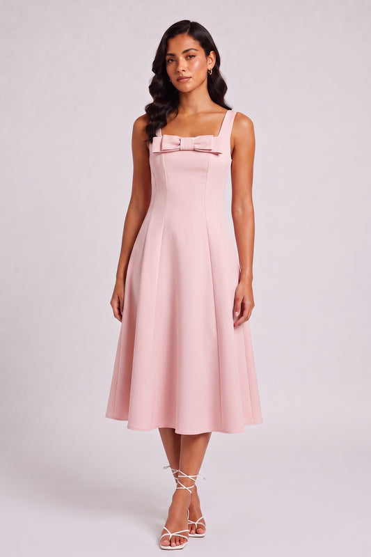 Square Strap Front Bow Satin Midi Swing Dress