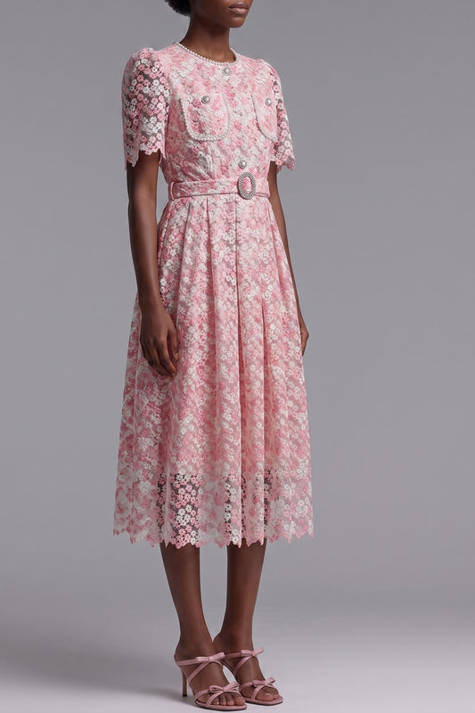 Pink Floral Lace Midi Dress with Waist Belt