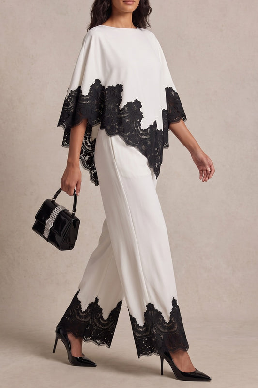 Black Lace Trim Flared Sleeve Top & Wide Leg Pants Co-ord Set