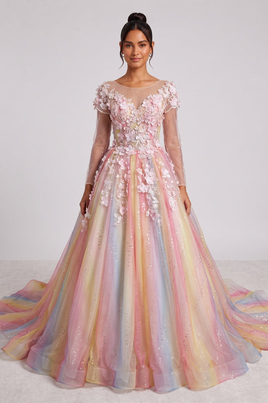 Pastel Gradient Tulle Ballgown Gown with 3D Floral Appliques pastel pink, pastel yellow, pastel blue, pastel purple tulle gown - product view 1