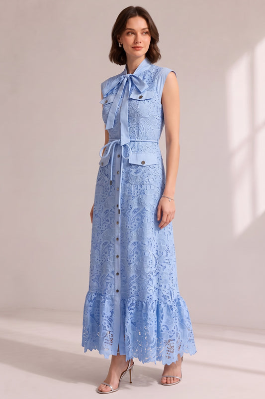 Sky Blue Sleeveless Tie Neck Cargo Pocket Floral Lace Midi Shirt Dress