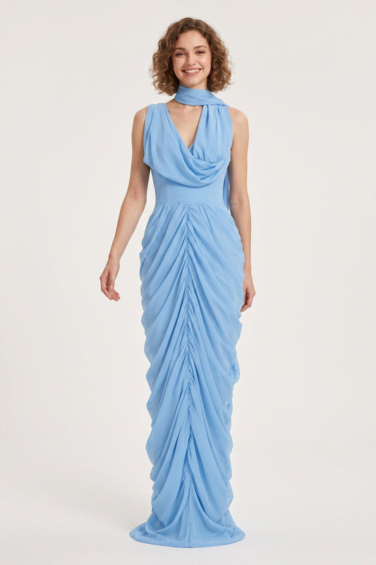Light Blue Cowl Neckline Floor-Length Gown with Front Ruching Premium Fabric - product view 2