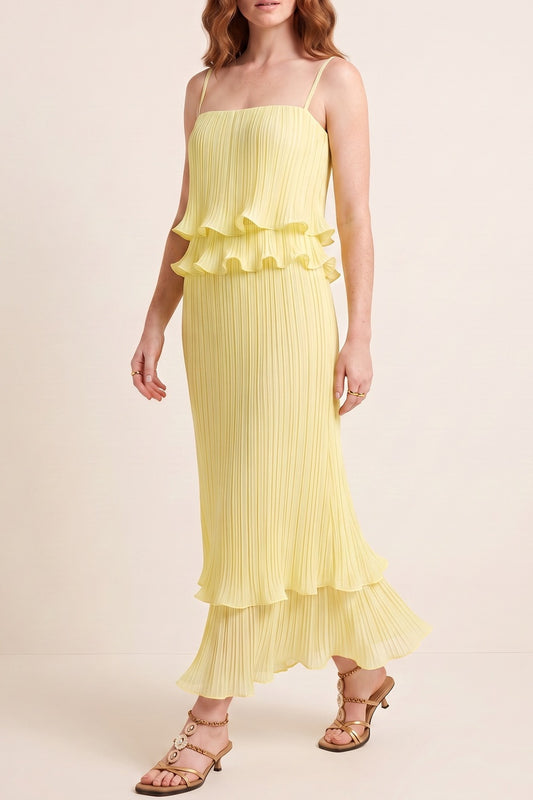 Pleated Ruffle Cami Top & Tiered Midi Skirt Two Piece Set