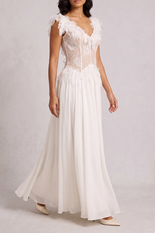Off Shoulder 3D Floral Lace Corset Chiffon Maxi Dress