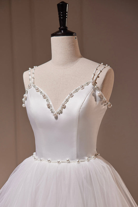 White V-Neck Tulle A-Line Dress
