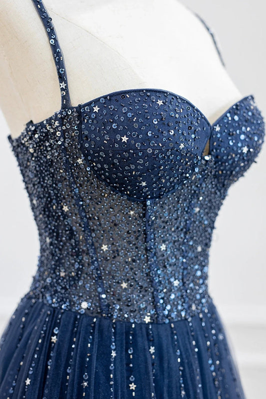 Blue Tulle Beaded Prom Dress