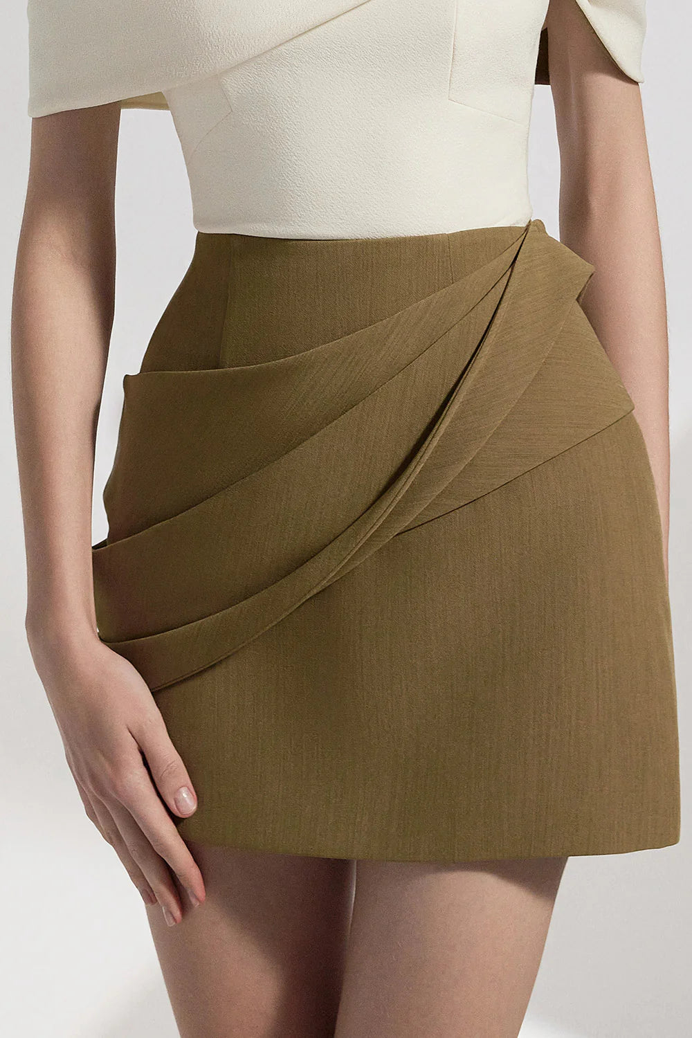 marjorie A-line Pleated Cotton Twill Mini dress in kahki