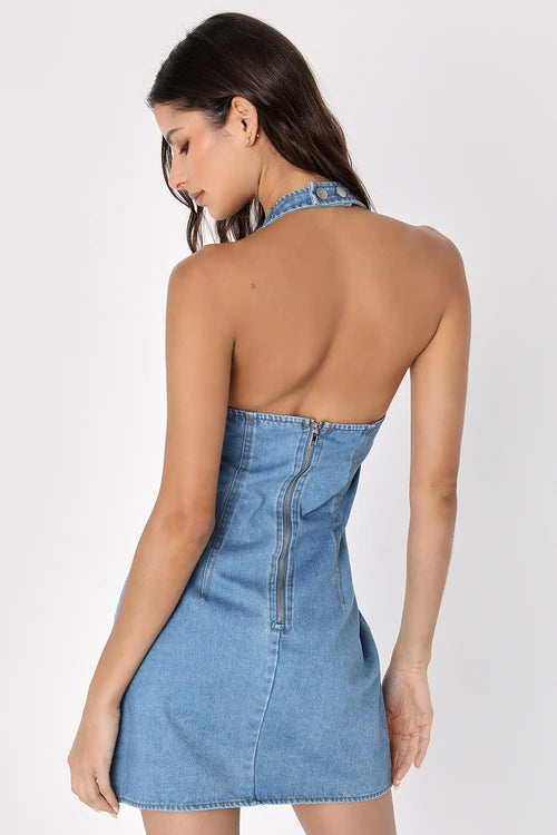 Summertime Inspiration Medium Wash Denim Halter Mini Dress