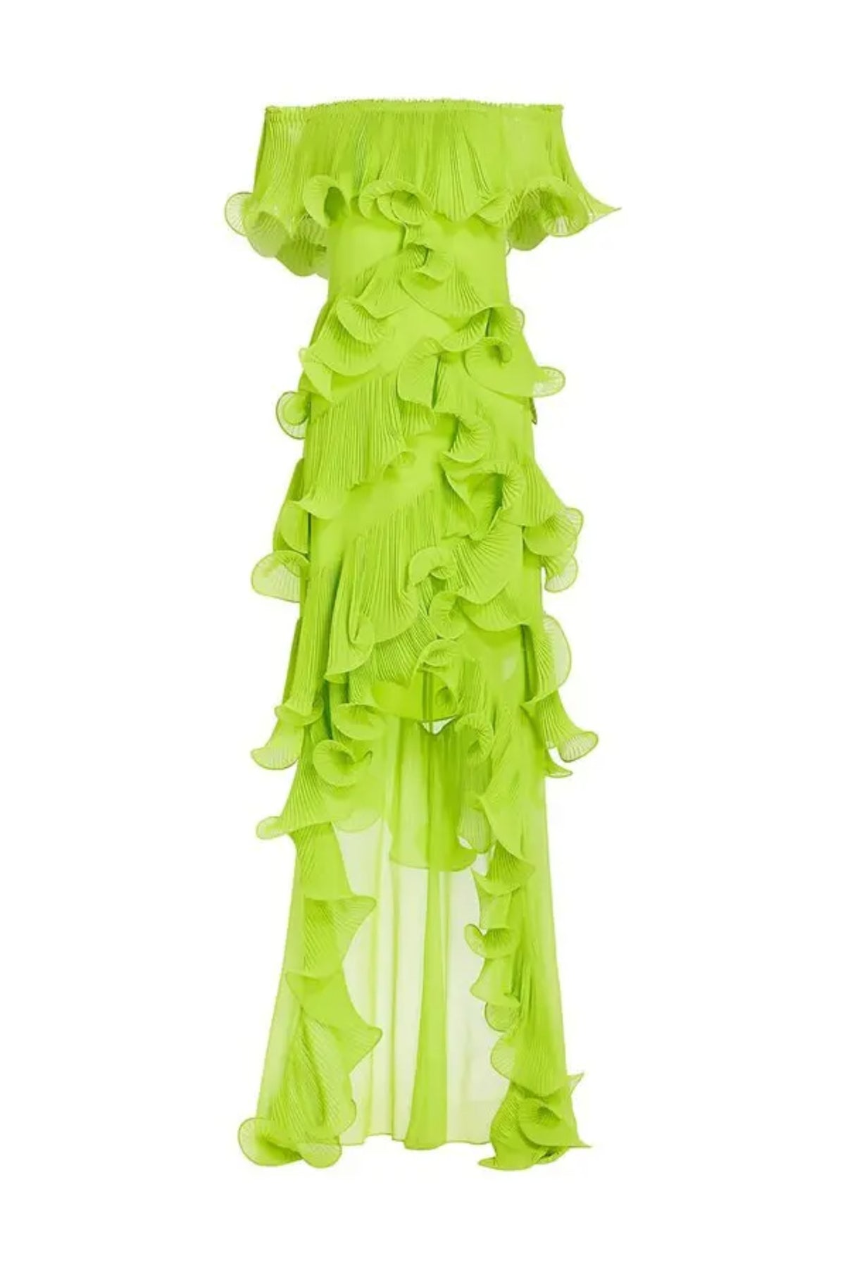 DORA GREEN OFF-SHOULDER PLEATED ORGANZA MAXI DRESS
