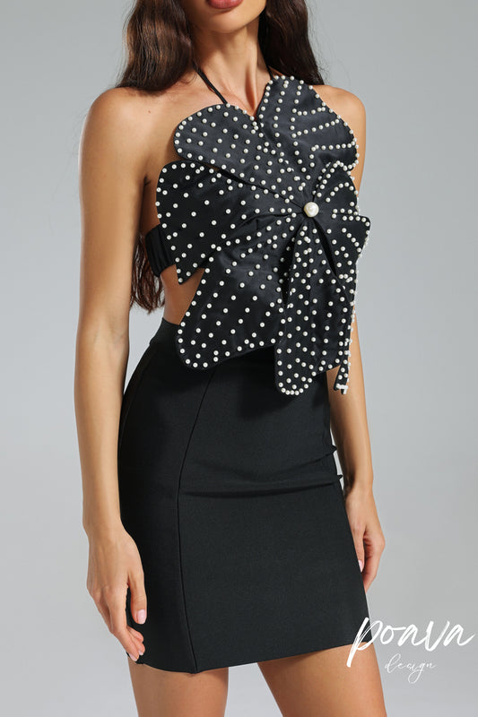 Sleeveless 3D Floral Pearl Top - Black