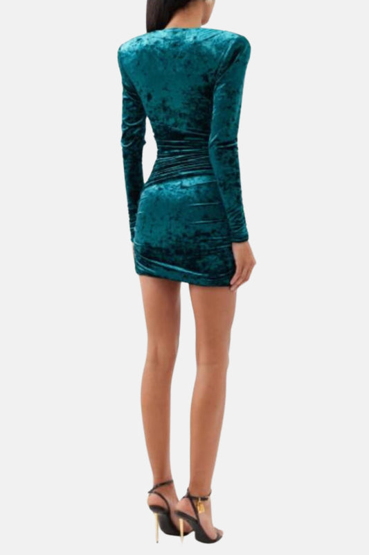 GREEN V NECK RUCHED VELVET MINI DRESS