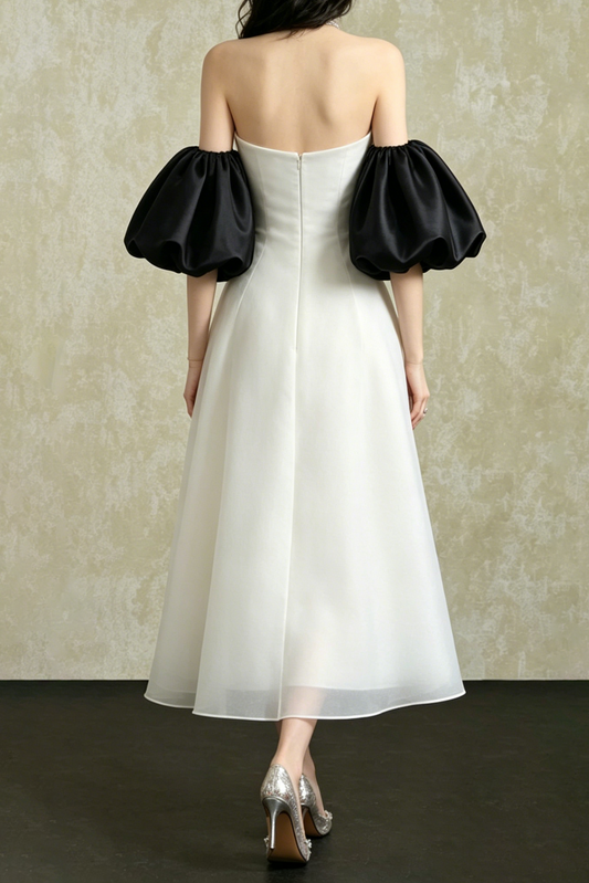 Strapless Layered Organza Midi Dress In White With Giant Puff Bubble Sleeves