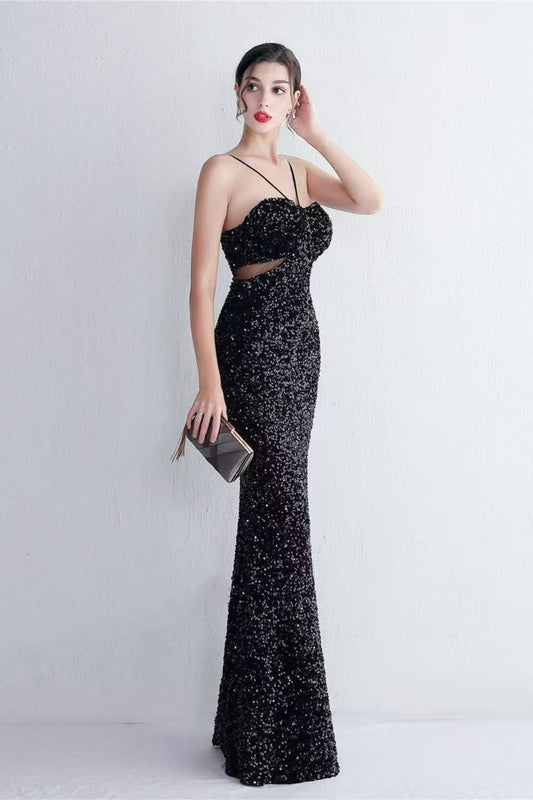 MARIAN BLACK CUTOUT SEQUINS HALTER MAXI DRESS