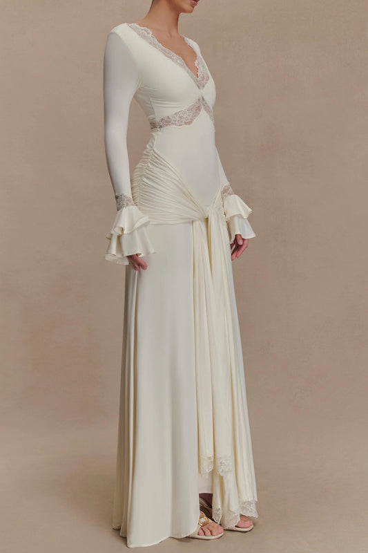 pamela V-neck lace see-through maxi dress in white
