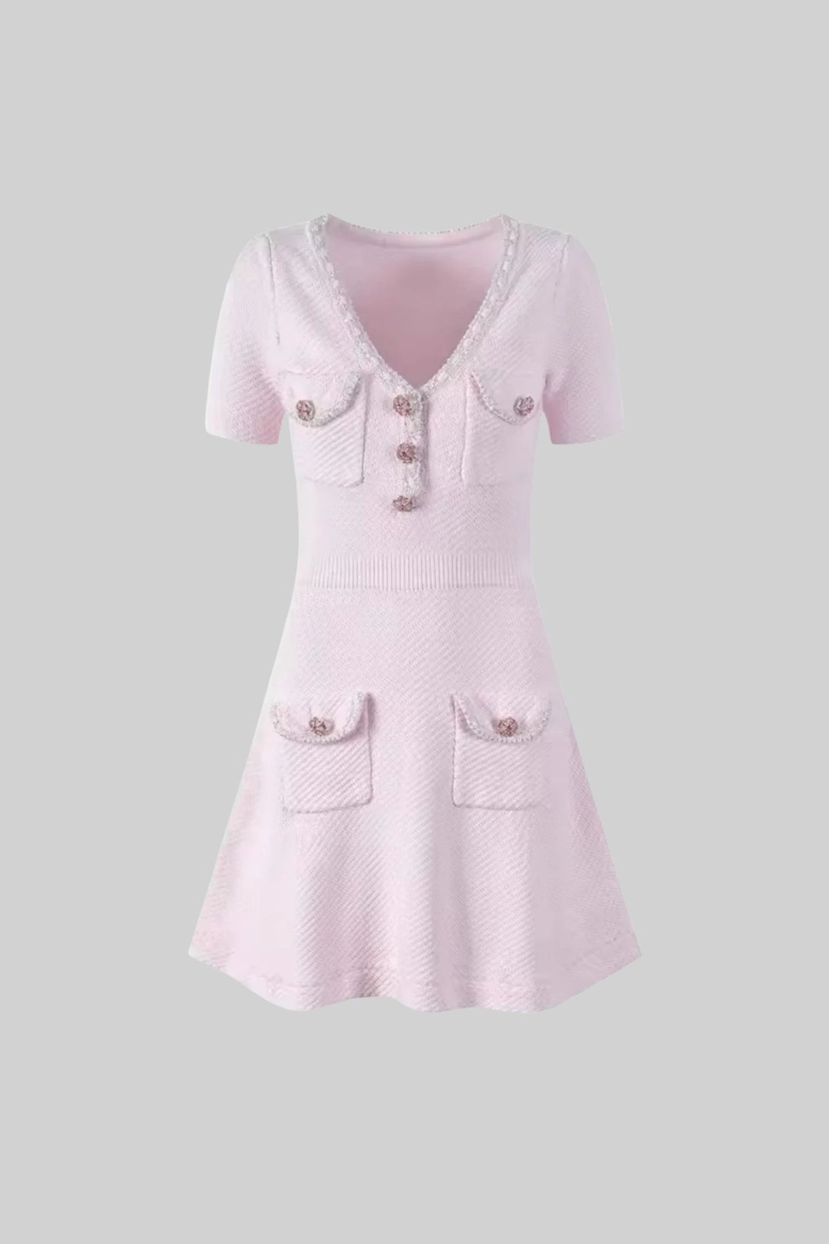 sandra Textured Mini Dress With V-Neckline And Jewel Buttons - Pink