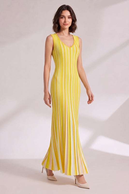 Yellow Vertical Stripe Maxi Dress Premium Fabric - product view 1
