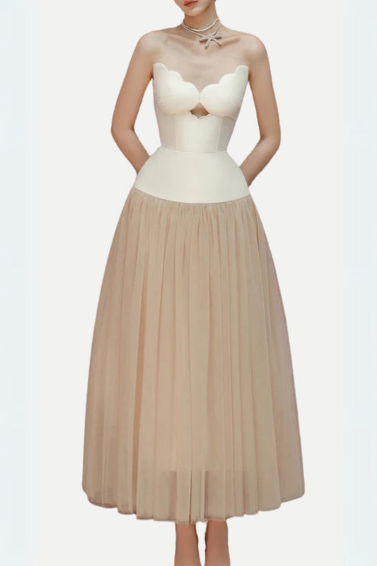 two-tone Hollow tube top tulle midi dress