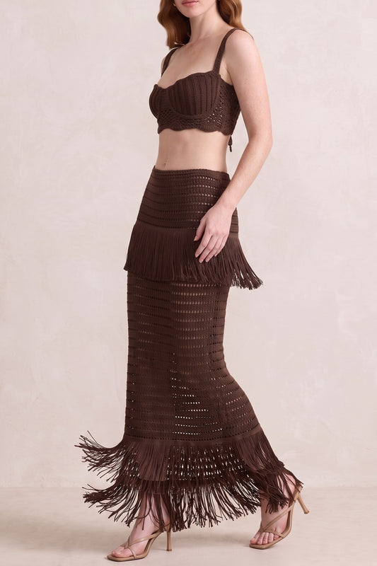 Crochet Fringe Two Piece Set, Cami Crop Top & Mermaid Maxi Skirt