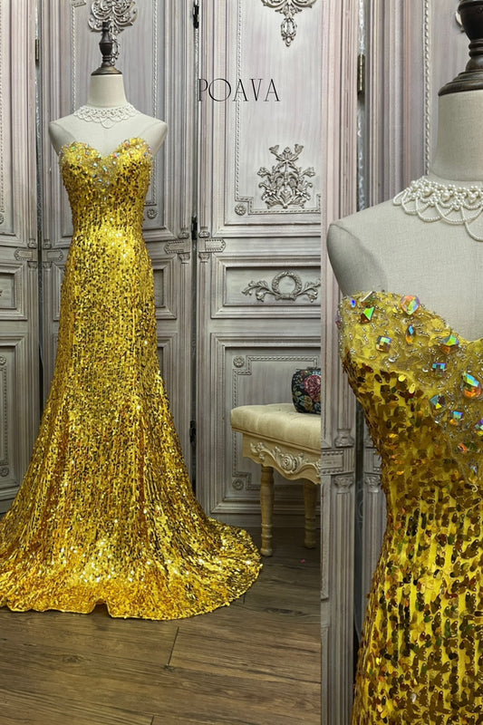 Embellished Sequin Strapless Maxi Dress In Gold