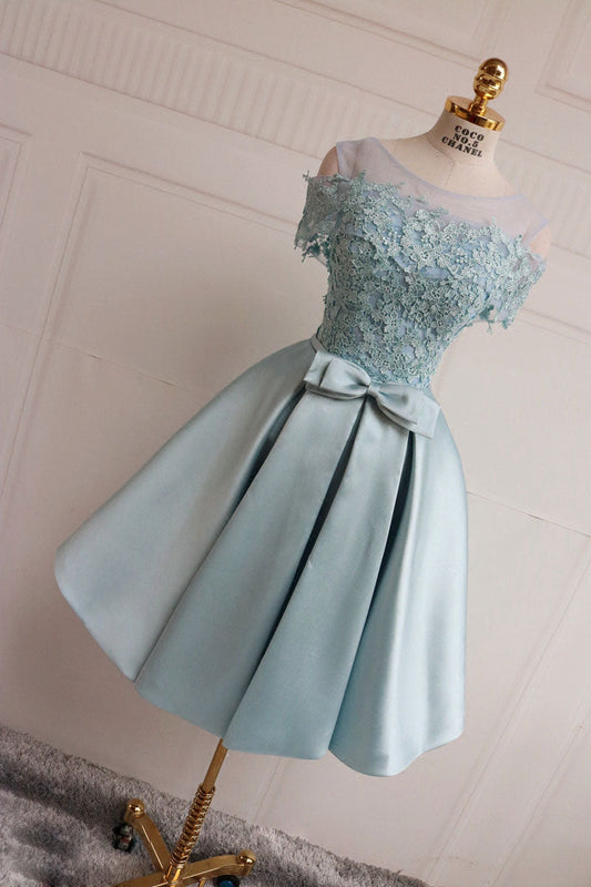 Blue lace mini prom dress