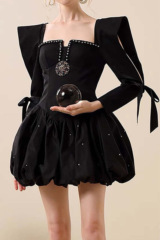 RHINESTONE HEM MINI DRESS IN BLACK