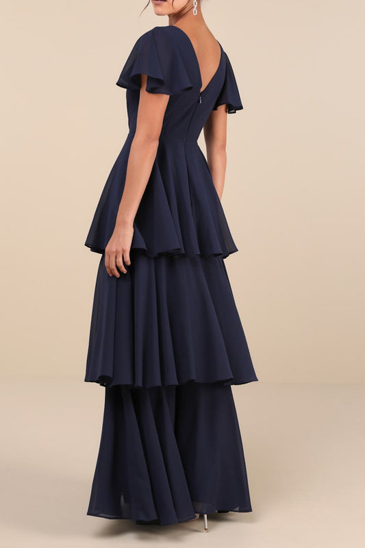 Navy Blue Short Sleeve Tiered Maxi Dress