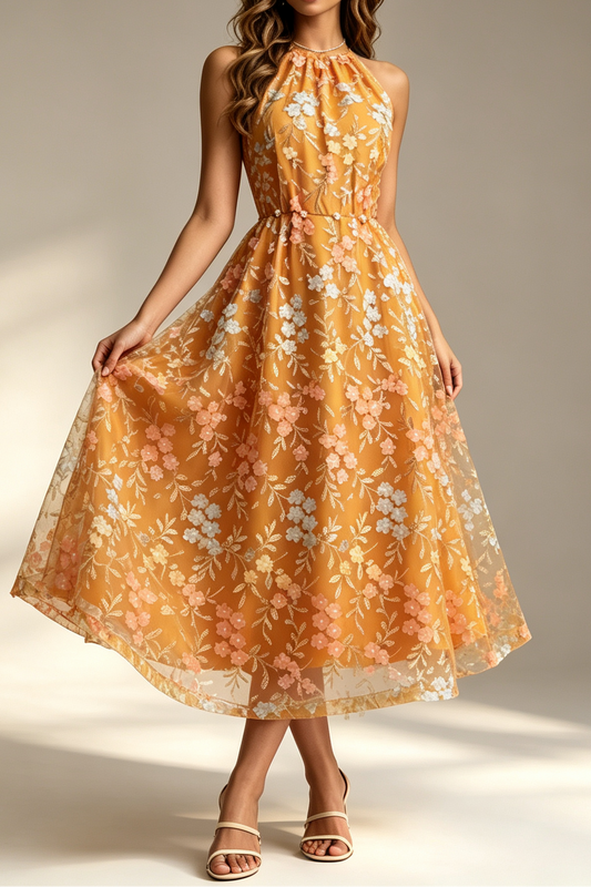 Mustard Halter Neck Sleeveless 3D Floral Embroidery Sheer Tulle Flared Midi Dress