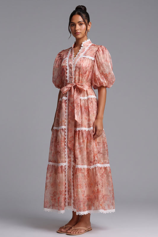 Peach Organza A-Line Tiered Maxi Dress with Botanical Floral Print peach, coral pink organza dress - product view 1