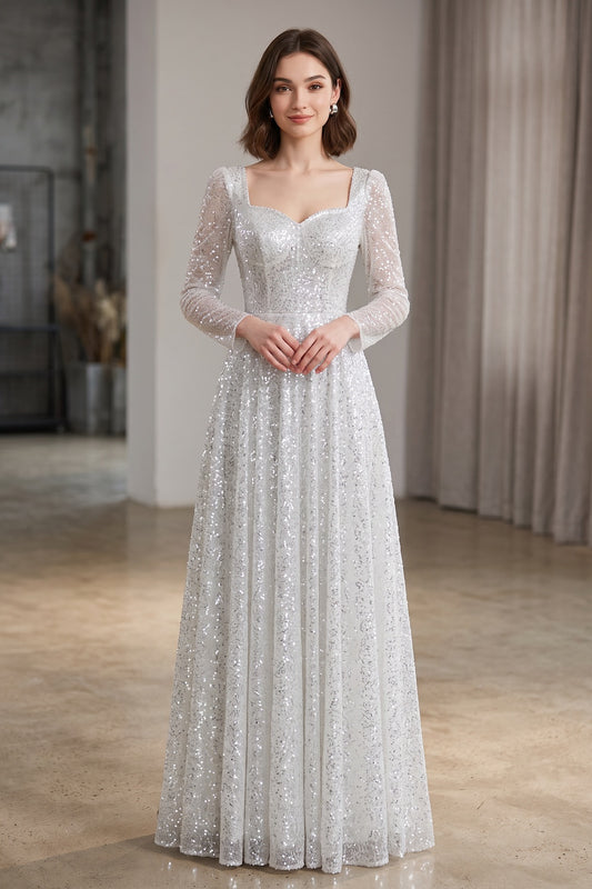 Silver Sequined Tulle Overlay A-Line Evening Gown silver, white sequined tulle overlay evening gown - product view 1