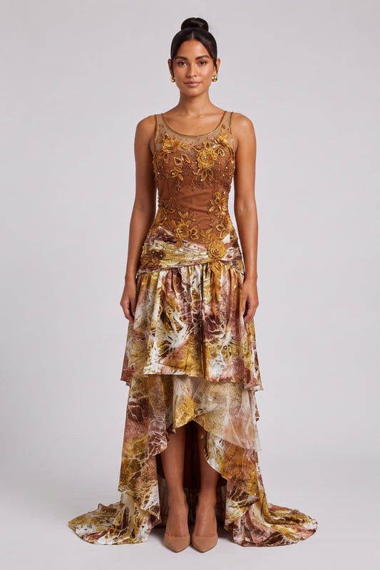 Brown Silk Blend Asymmetric Tiered Gown Dress brown, gold, ochre silk blend dress - product view 1